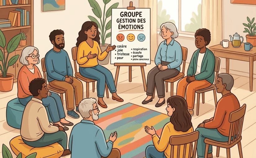 A group of people sitting in a circle participating in an emotional management session with a presentation board
